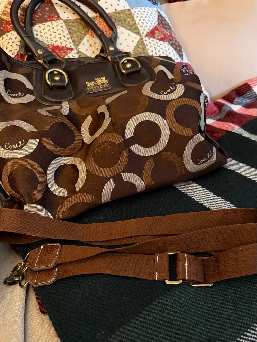 Coach Brown Signature Circle Jacquard Shoulder Bag with Leather Trim